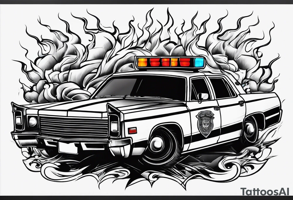 destroyed police car on fire tattoo idea