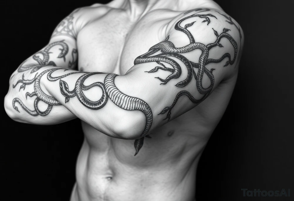 A big vine that splits wrapping around my arm with a snakes climbing up it tattoo idea