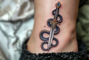 mystical snake coiled around an ancient dagger with jeweled hilt tattoo idea