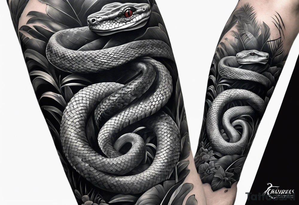 Black and grey realism with a pit viper snake rainforest background for a forearm sleeve. Create the snake to have aggressive features, coiled and mouth open showing fangs tattoo idea