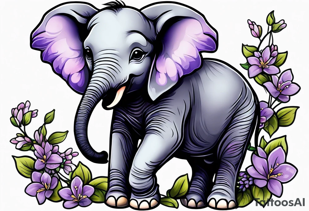 Baby elephant sitting with lilacs in its trunk tattoo idea