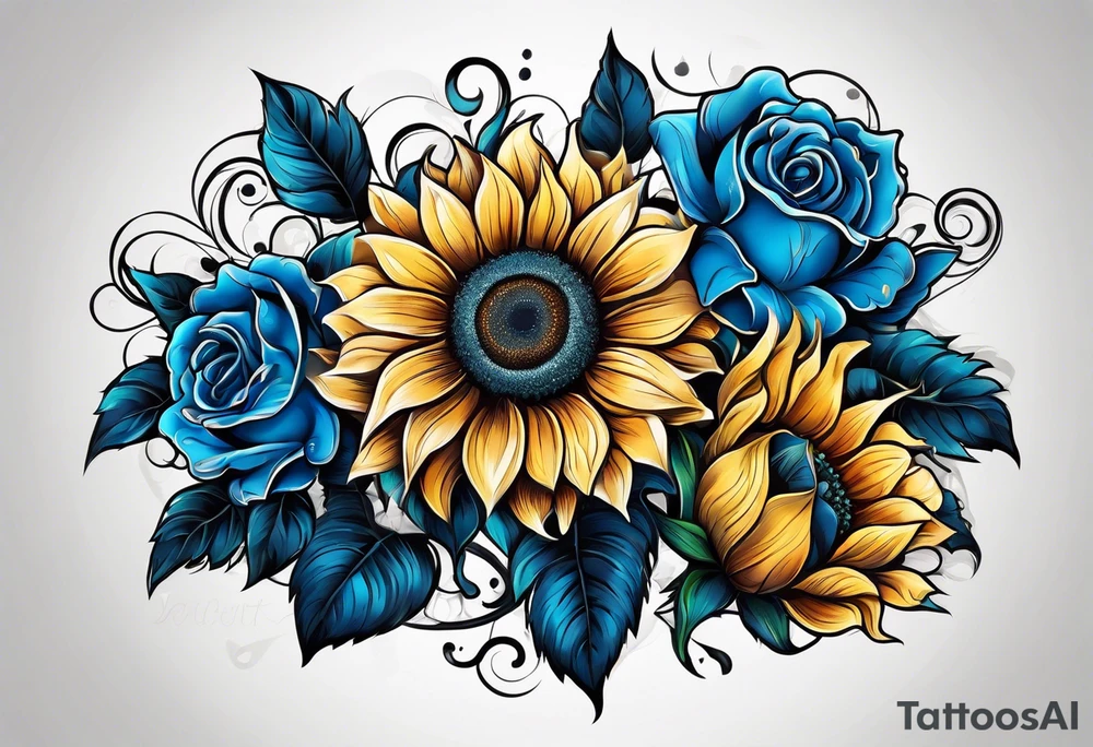 flower rose and blue, sunflower, tattoo idea
