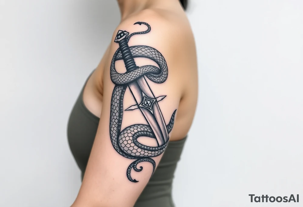 mystical snake coiled around an ancient dagger with jeweled hilt tattoo idea