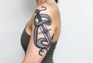 mystical snake coiled around an ancient dagger with jeweled hilt tattoo idea
