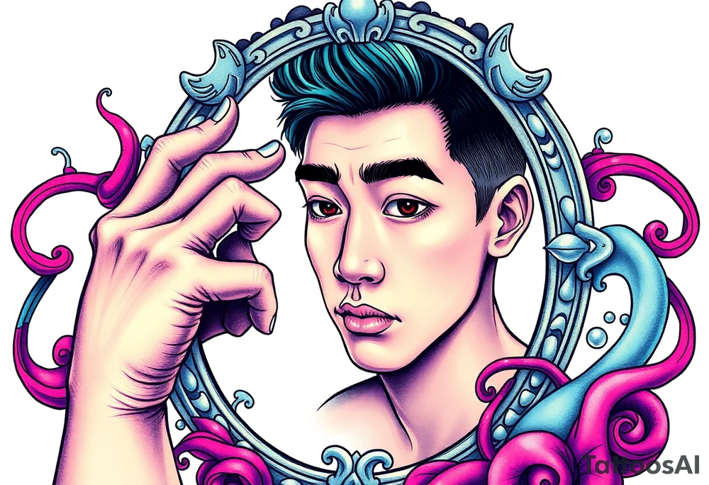 Handsome Asian young guy is looking in cursed mirror tattoo idea