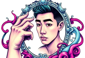 Handsome Asian young guy is looking in cursed mirror tattoo idea