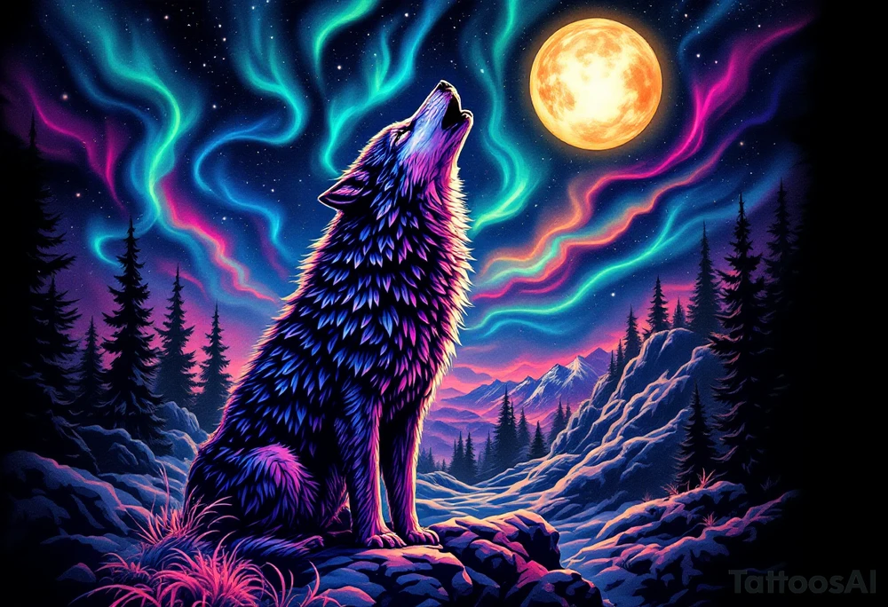 lone wolf howling at full moon with northern lights backdrop tattoo idea
