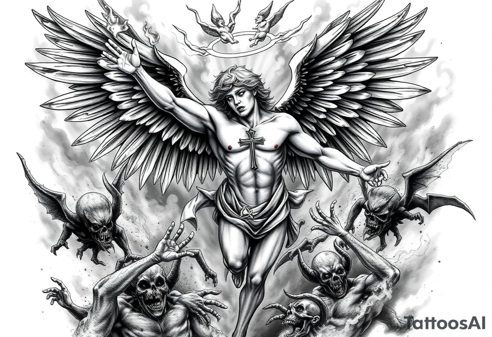 A fallen angel falling from heaven to hell , his wings catch fire and partially burn his halo breaks, Demons and dead souls reach out for him, he has a sexy demon women  by his side as he falls , fire and smoke throughout the backround with creatures lurking in the back, theres an upside diwn cross burnt into his chest tattoo idea