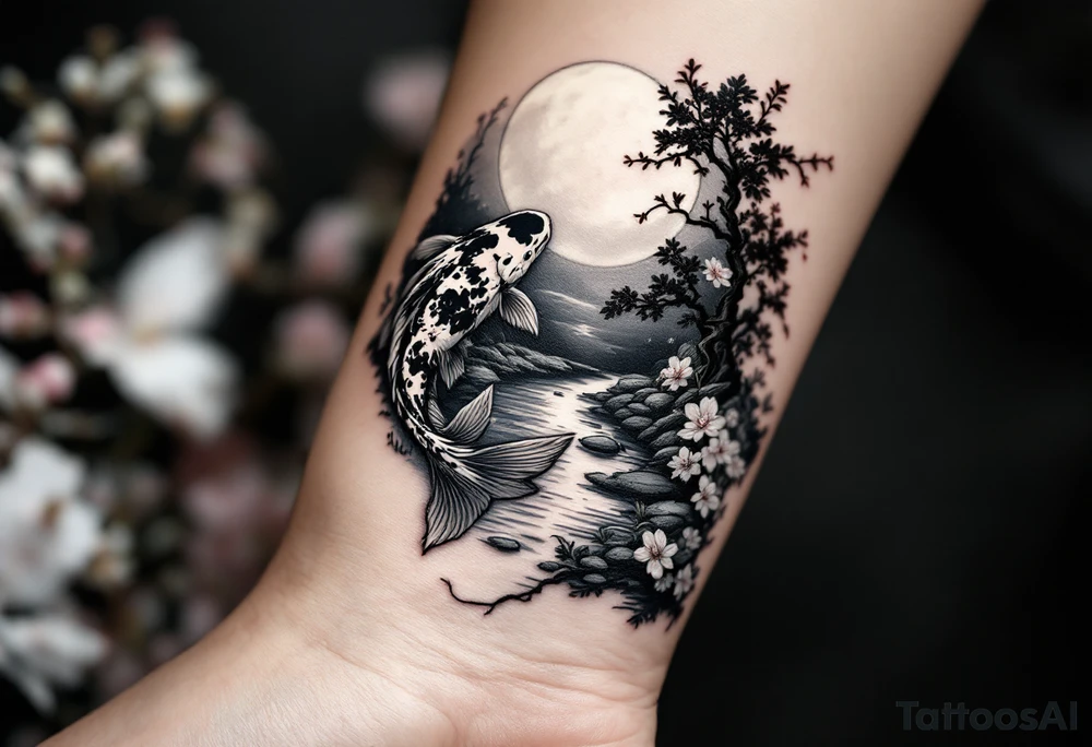 a koi fish swimming UP the stream in a pond moonlight by the full moon with a sakura tree by the pond tattoo idea