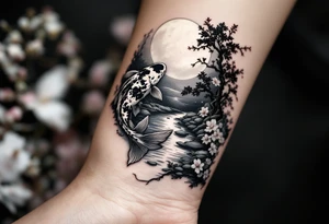 a koi fish swimming UP the stream in a pond moonlight by the full moon with a sakura tree by the pond tattoo idea