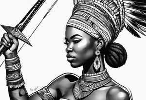African woman warrior handing a spear tattoo idea