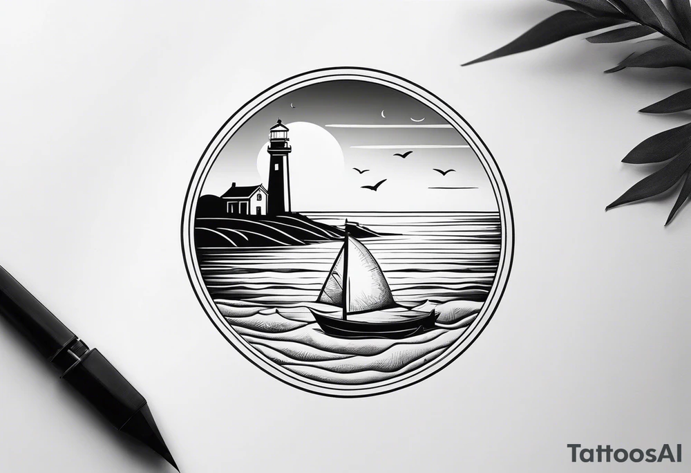 lighthouse with a beach and sun and small boat tattoo idea lighthouse with a beach and sun and small boat tattoo idea