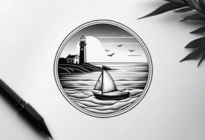 lighthouse  with a beach and sun and small boat tattoo idea