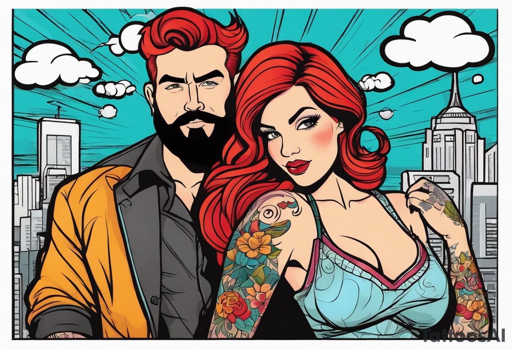 Busty Red haired woman with black haired bearded man tattoo idea