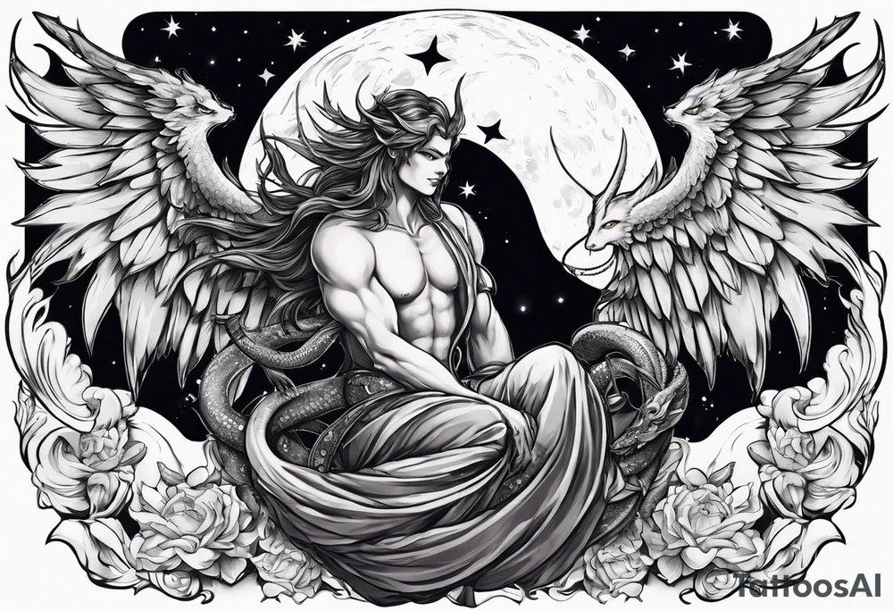 Devil in form of half snake half male angel surround the moon in the night sky tattoo idea