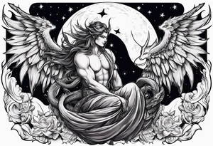 Devil in form of half snake half male angel surround the moon in the night sky tattoo idea