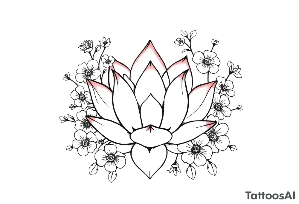 Lotus flower surrounded by forget me nots and peonies tattoo idea