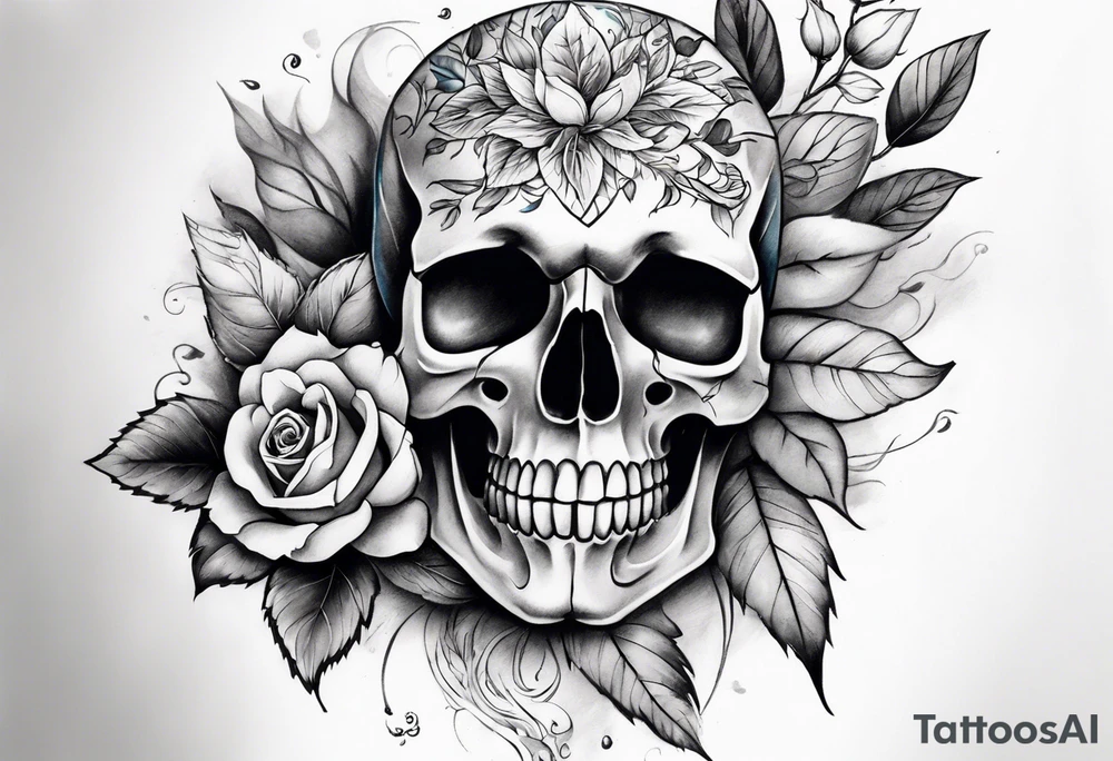 Front knee tattoo with fall colors, small flowers, rose, style skull, leaves, blue water flows with washes and background tattoo idea