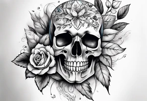 Front knee tattoo with fall colors, small flowers, rose, style skull, leaves, blue water flows with washes and background tattoo idea
