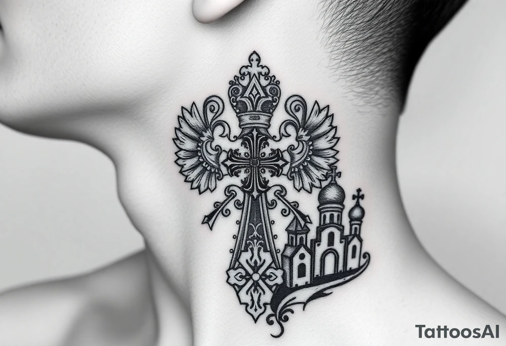 russian coat arms in a russian christian orthodox cross with the cross in the middle with a virgin mary & orthodox dome church on the side of the neck tattoo idea