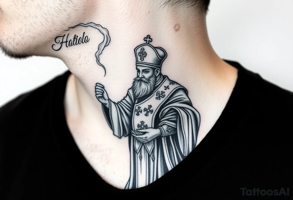 A Russian Orthodox Priest in full gold vestments swinging a censer with smoke curling upward tattoo idea