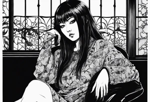 Portrait of tomie sitting on a chair. Tomie is a character of the autor junji ito
 Add some blood tattoo idea