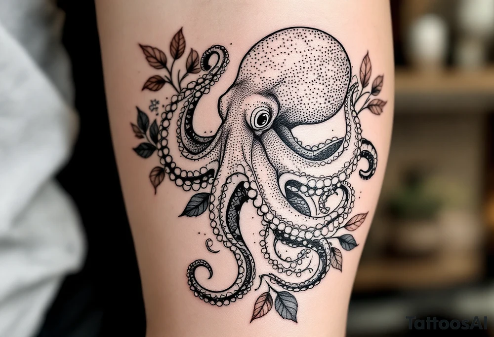 realistic octopus, detailed linework, intricate, black-and-grey shading, surrounded by floral ornaments, intertwining and merging with flowers, thin black swirling lines, semi-transparent brown leaves, dotwork, ornamental flourishes, radiating design, fine-line style, minimalistic, organic flow, feminine, artistic, slightly surreal, seamless composition, marine botanical fusion, lifelike texture, graceful rhythm, smooth shading, soft leaves wrapping, blooming shoulder flower, outward radiating pattern, vine tentacle flow, integrated sea creature, botanical octopus curved body placement, natural organic movement tattoo idea
