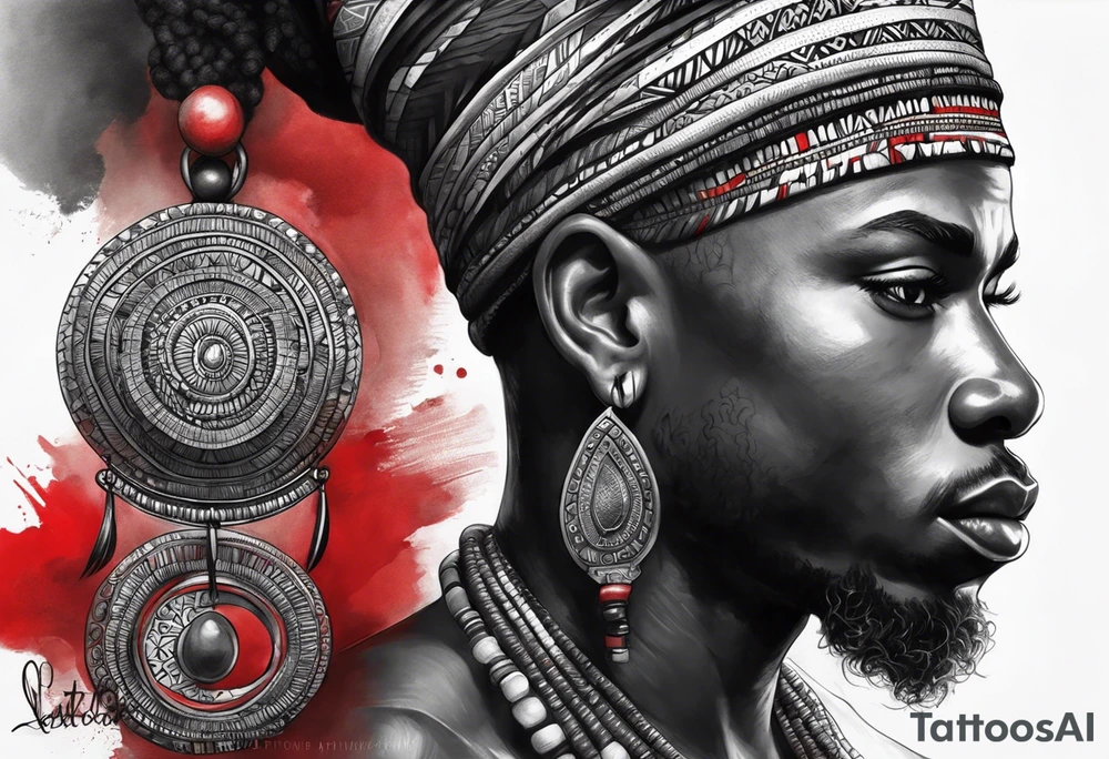 homem divindade africano realista em preto e cinza com os olhos brancos e fundo com tons de vermelho usando na mão um falo com cabaças penduradas tattoo idea