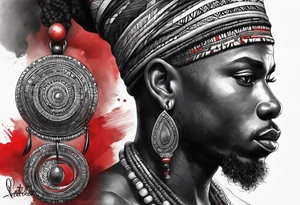 homem divindade africano realista em preto e cinza com os olhos brancos e fundo com tons de vermelho usando na mão um falo com cabaças penduradas tattoo idea