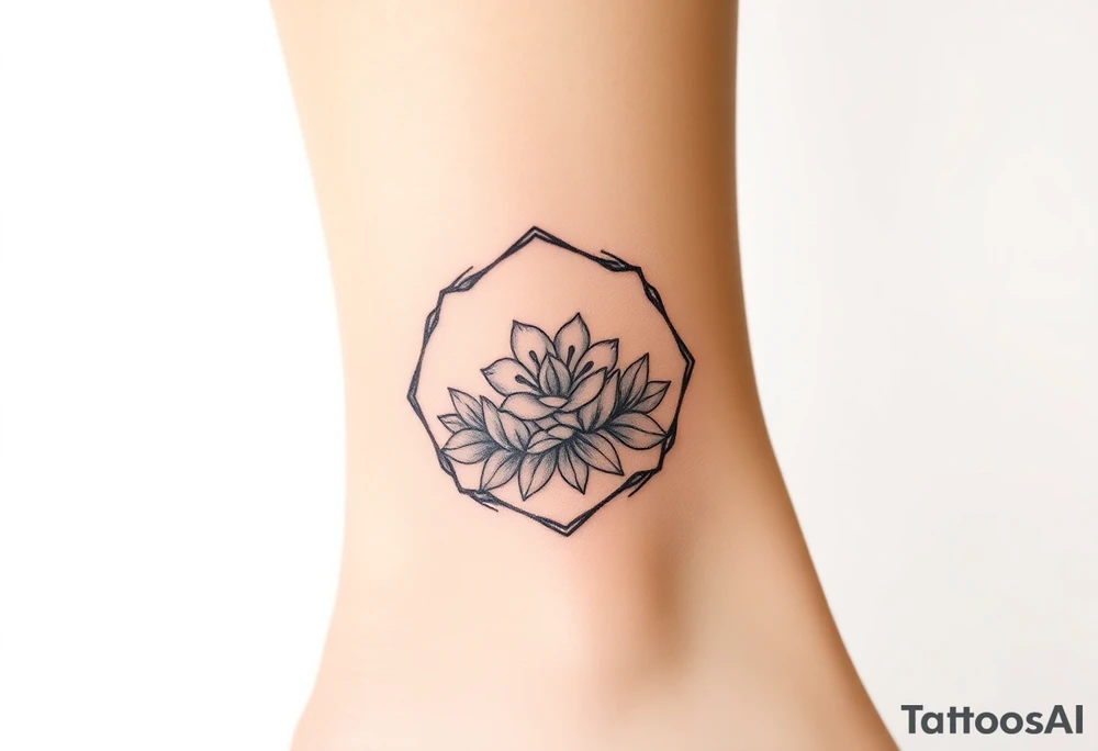 Faint Hexagon with Leo, larkspur and water lilies in the center tattoo idea