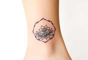 Faint Hexagon with Leo, larkspur and water lilies in the center tattoo idea