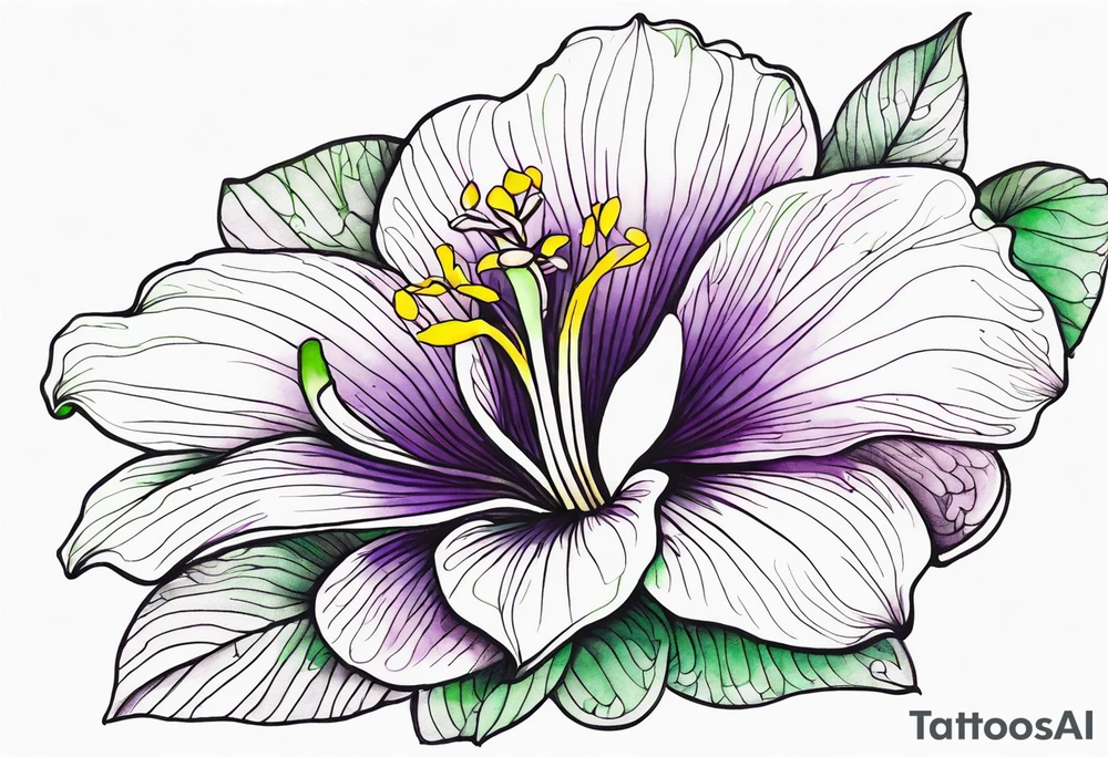 An outline of a rio dipladenia flower with a green and purple watercolor background tattoo idea