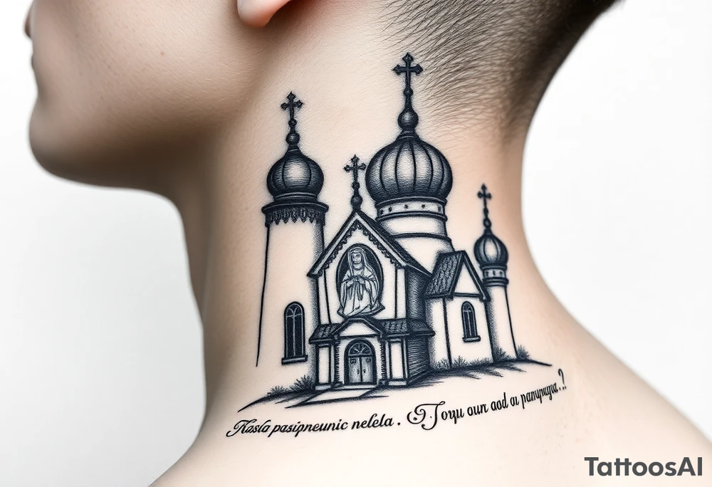 rusian orthodox domes church with a virgin mary in a russian rural village with Church Slavonic script or Cyrillic text — a prayer or meaningful phrase running along the sides tattoo idea