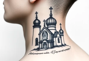 rusian orthodox domes church with a virgin mary in a russian rural village with Church Slavonic script or Cyrillic text — a prayer or meaningful phrase running along the sides tattoo idea