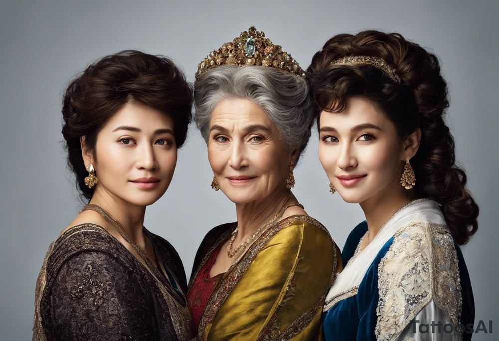 Three women's faces next to each other. The woman on the left is still a girl about 13 years old, the woman in the middle is about 40 years old and the one on the right is about 75 years old. The woman in the middle is looking at the bearer. The other two are looking at the woman in the middle. tattoo idea