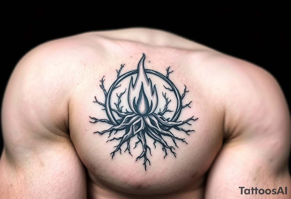 a flame imprisoned in a roots circle tattoo idea
