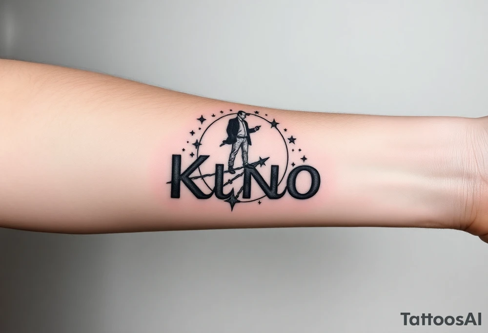 Forearm tattoo of the words kino central with graphic design of the galaxy behind it with stars in the background of the design with a man standing over top of the N in the word kino tattoo idea