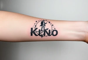 Forearm tattoo of the words kino central with graphic design of the galaxy behind it with stars in the background of the design with a man standing over top of the N in the word kino tattoo idea