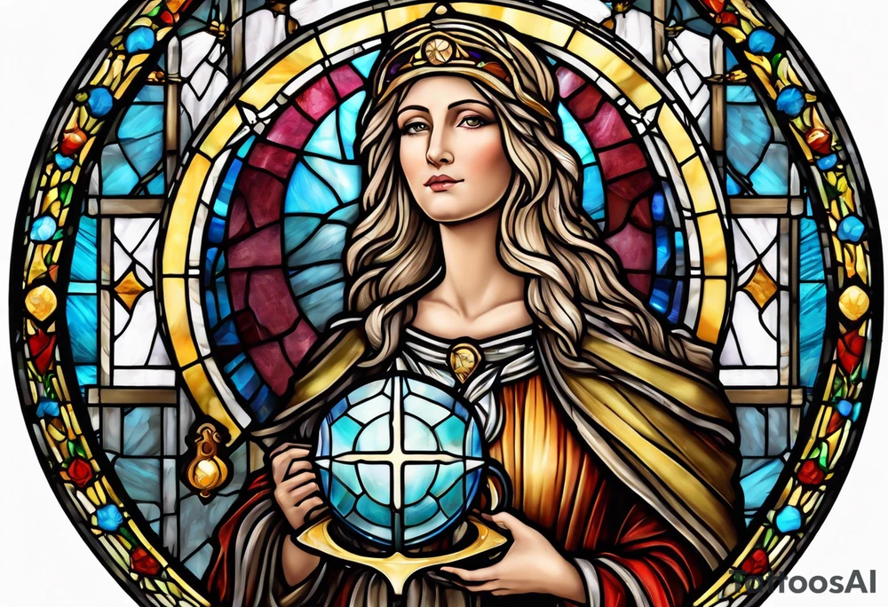 holy saint woman with halo stained glass holding a chalice with artillery tattoo idea