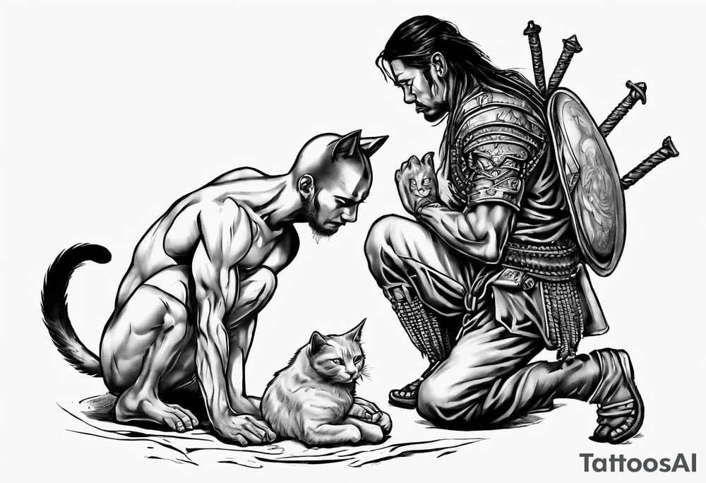 Warrior kneeling down feeding a cat with the world on his shoulders. You can’t be peaceful without being capable of violence tattoo idea