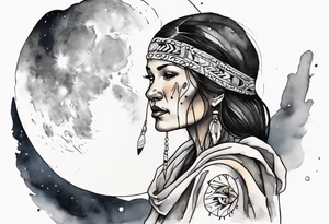 a beautiful 40-year-old Anishinaabe woman wearing black and white robes standing on the moon tattoo idea