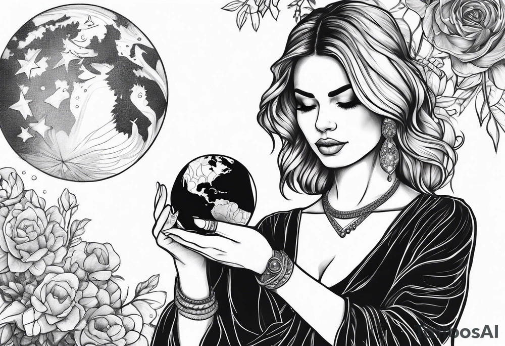 A woman holding a small planet in her hand tattoo idea