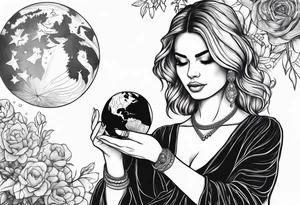 A woman holding a small planet in her hand tattoo idea