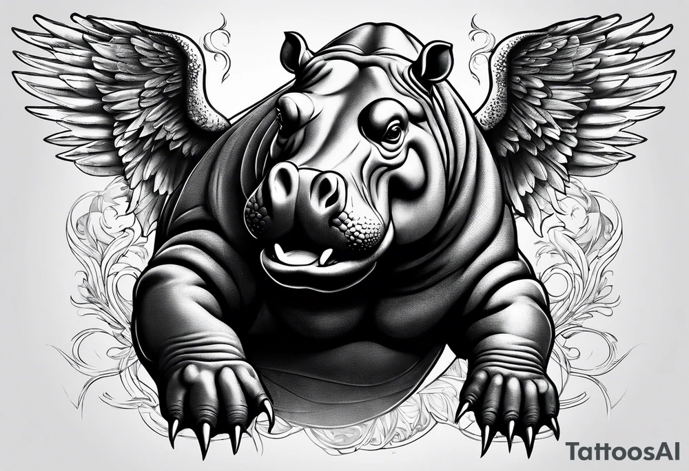 Hippopotamus with wings tattoo idea