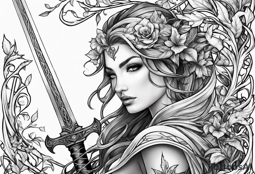 Leafy vines with sword tattoo idea