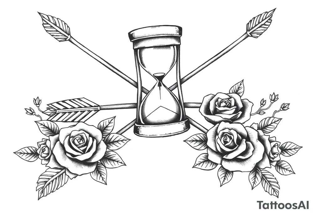 Detailed arrows with hourglass and compass over top and beautiful rose vines around tattoo idea