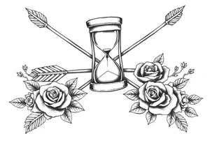 Detailed arrows with hourglass and compass over top and beautiful rose vines around tattoo idea