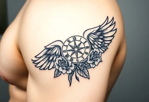 Wing with compass  a clock  with roses tattoo idea