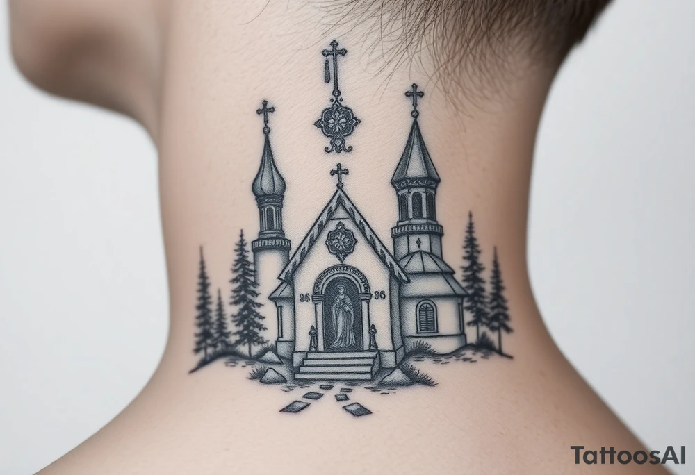Traditional russian orthodox church in a wilderness setting with a prominent orthodox style virgin mary tattoo idea