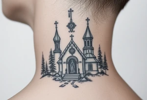 Traditional russian orthodox church in a wilderness setting with a prominent orthodox style virgin mary tattoo idea